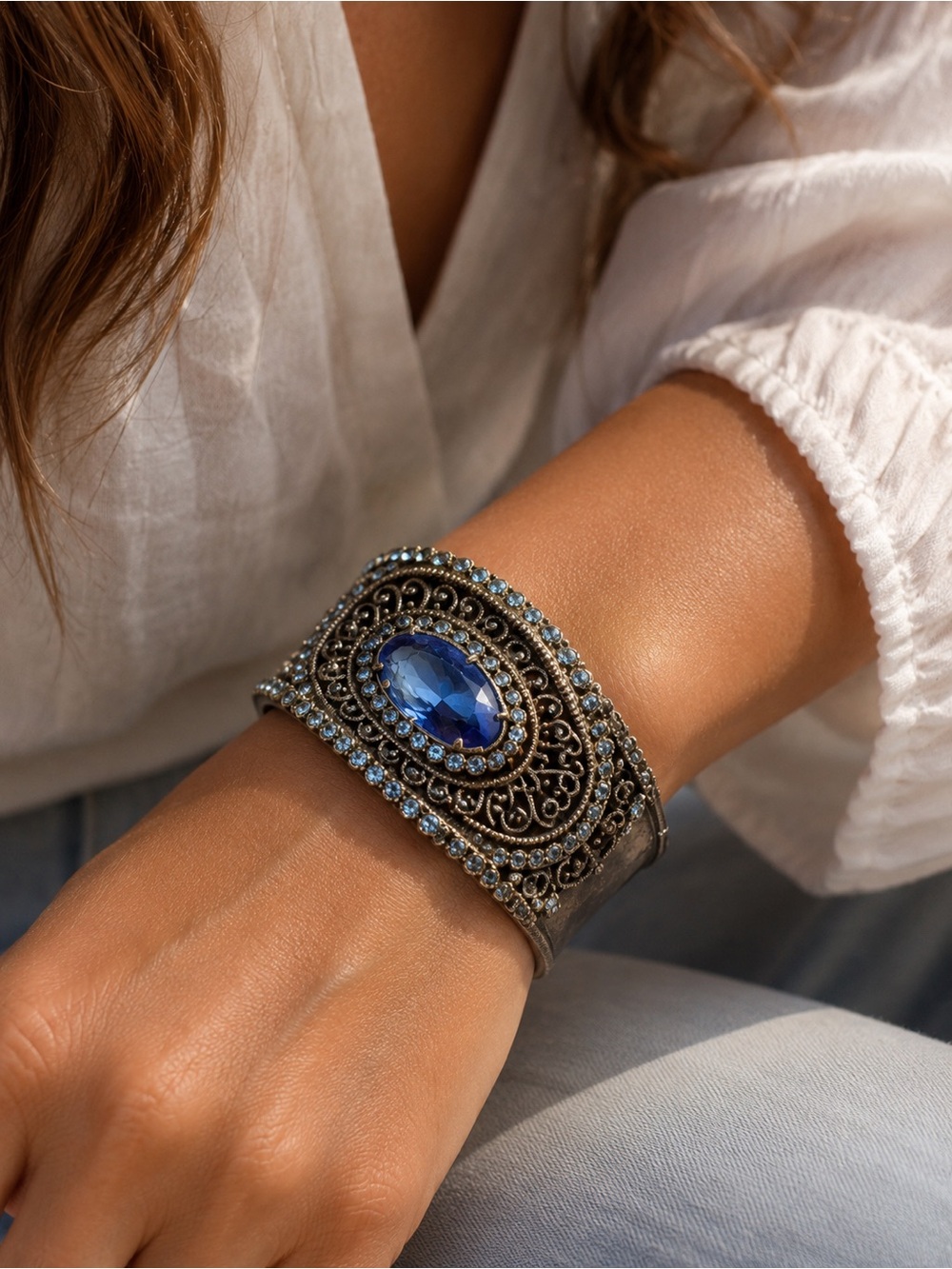 Vintage Bohemian Blue Gemstone Cuff Bracelet - Women Jewelry